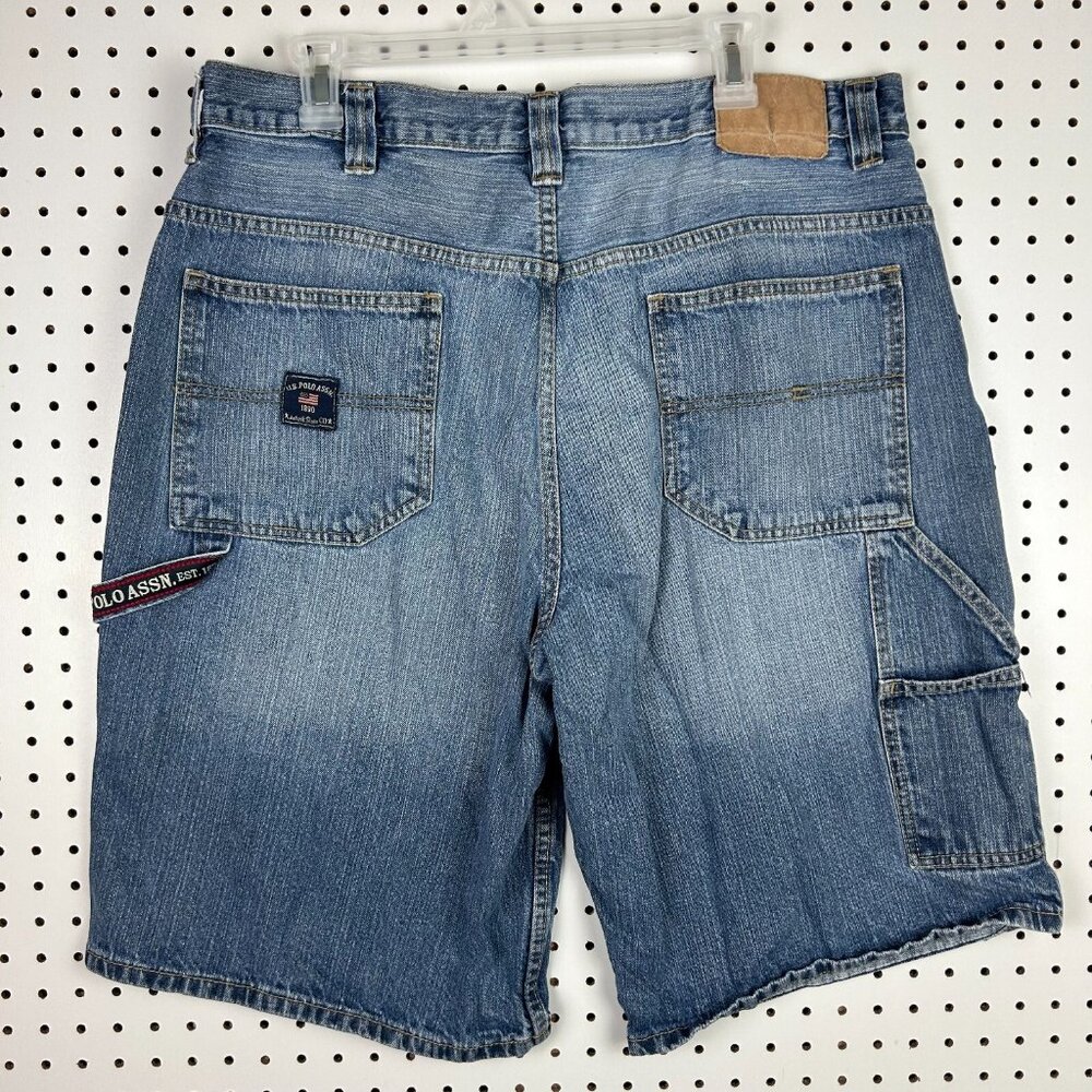 US Polo Assn Carpenter Work Wear Denim Shorts Size 38 Jorts Light Wash USA Flag